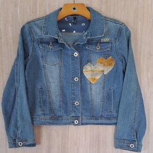DKNY Girls Denim Jean Jacket Gold Sequin Heart Logo Y2k Stretch Comfy